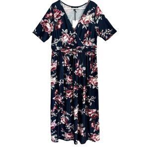 LOVE IS LOVELY Plus Fashion Faux Wrap Maxi Dress Woman's Size 16 Navy Floral NWT